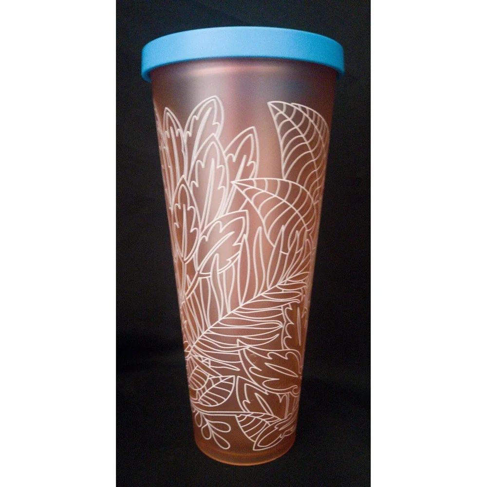 Starbucks 2016 Cup Tumbler Plastic Orange White Leaves  Blue Lid No Straw 9